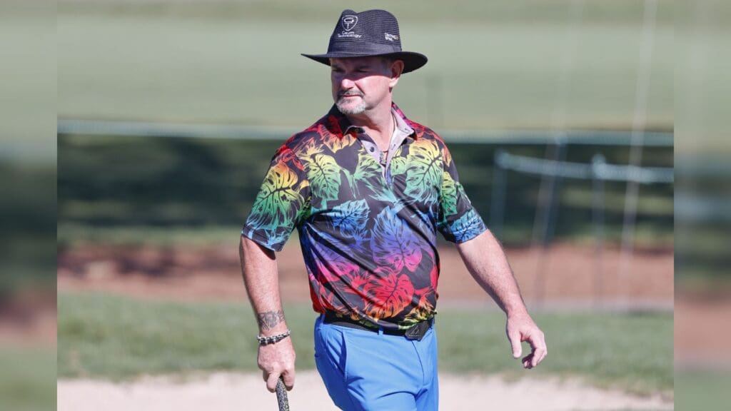 Rory Sabbatini walks on the ninth green in his 600th PGA event during the first round of the Valspar Championship golf tournament.
