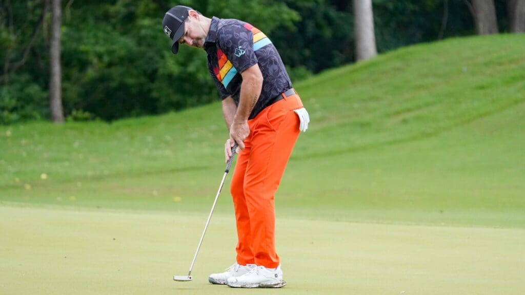 Rory Sabbatini putts on the 11th green during the first round of the Charles Schwab Challenge golf tournament.