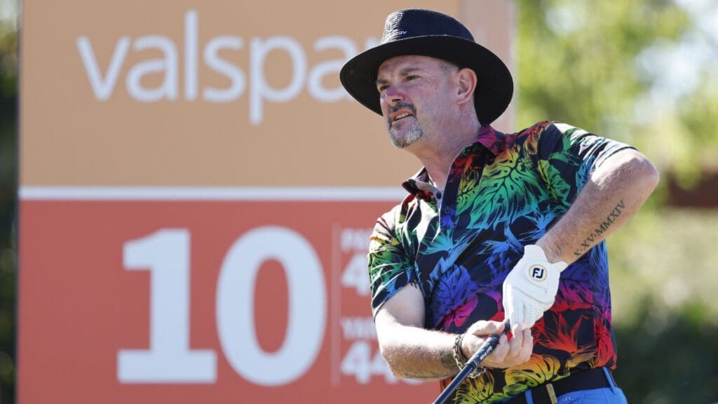 Mar 16, 2023; Palm Harbor, Florida, USA; Rory Sabbatini plays his shot from the tenth tee in his 600th PGA event during the first round of the Valspar Championship golf tournament.