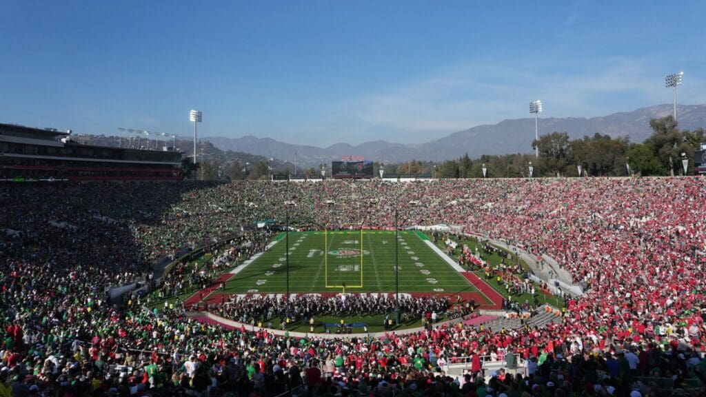 Jan 1, 2025; Pasadena, CA, USA; General view before the 2025 Rose Bowl college football quarterfinal game between the Oregon Ducks and the Ohio State Buckeyes at Rose Bowl Stadium