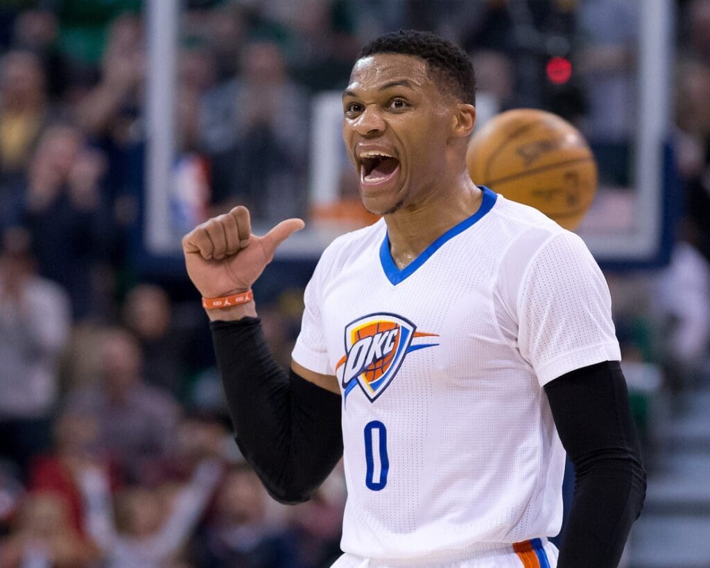 Jan 23, 2017; Salt Lake City, UT, USA; Oklahoma City Thunder guard Russell Westbrook (0) reacts during the second half against the Utah Jazz at Vivint Smart Home Arena. Oklahoma City won 97-95.