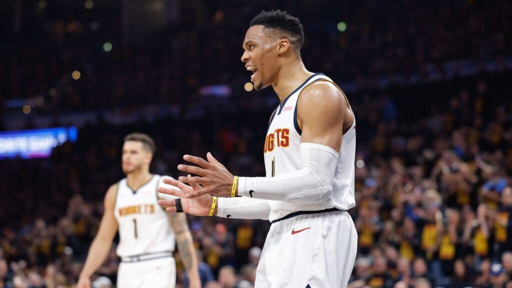 May 5, 2025; Oklahoma City, Oklahoma, USA; Denver Nuggets guard Russell Westbrook (4) reacts after a play against the Oklahoma City Thunder during the second half during game one of the second round for the 2025 NBA Playoffs at Paycom Center.