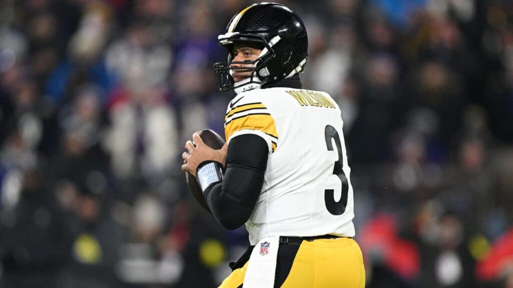 Jan 11, 2025; Baltimore, Maryland, USA; Pittsburgh Steelers quarterback Russell Wilson (3) looks to pass in the first quarter against the Baltimore Ravens in an AFC wild card game at M&T Bank Stadium.
