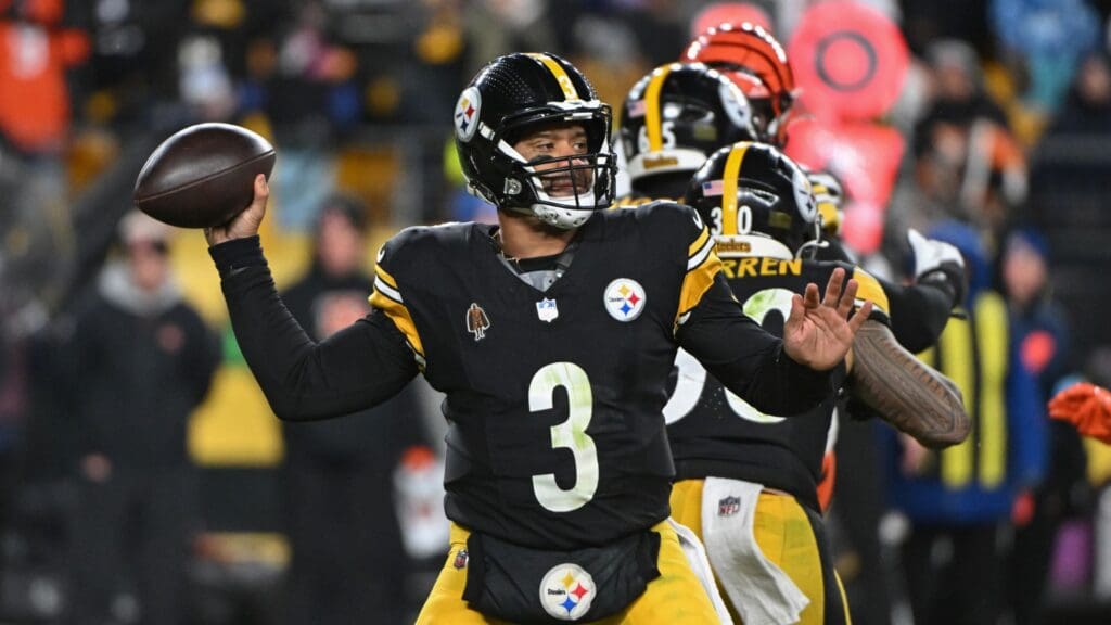 Jan 4, 2025; Pittsburgh, Pennsylvania, USA; Pittsburgh Steelers quarterback Russell Wilson (3) throws a pass against the Cincinnati Bengals during the second quarter at Acrisure Stadium
