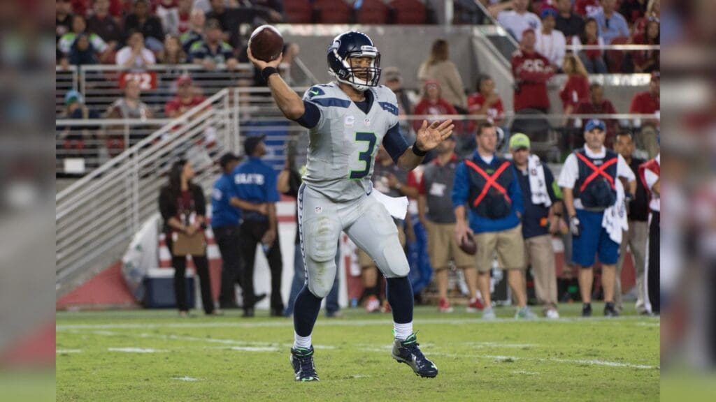 October 22, 2015; Santa Clara, CA, USA; Seattle Seahawks quarterback Russell Wilson (3) passes the football during the second quarter against the San Francisco 49ers at Levi's Stadium. The Seahawks defeated the 49ers 20-3.
