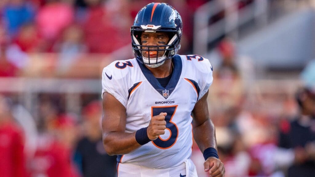 August 19, 2023; Santa Clara, California, USA; Denver Broncos quarterback Russell Wilson (3) during the first quarter against the San Francisco 49ers at Levi's Stadium