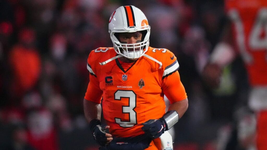 Dec 24, 2023; Denver, Colorado, USA; Denver Broncos quarterback Russell Wilson (3) before the game against the New England Patriots at Empower Field at Mile High