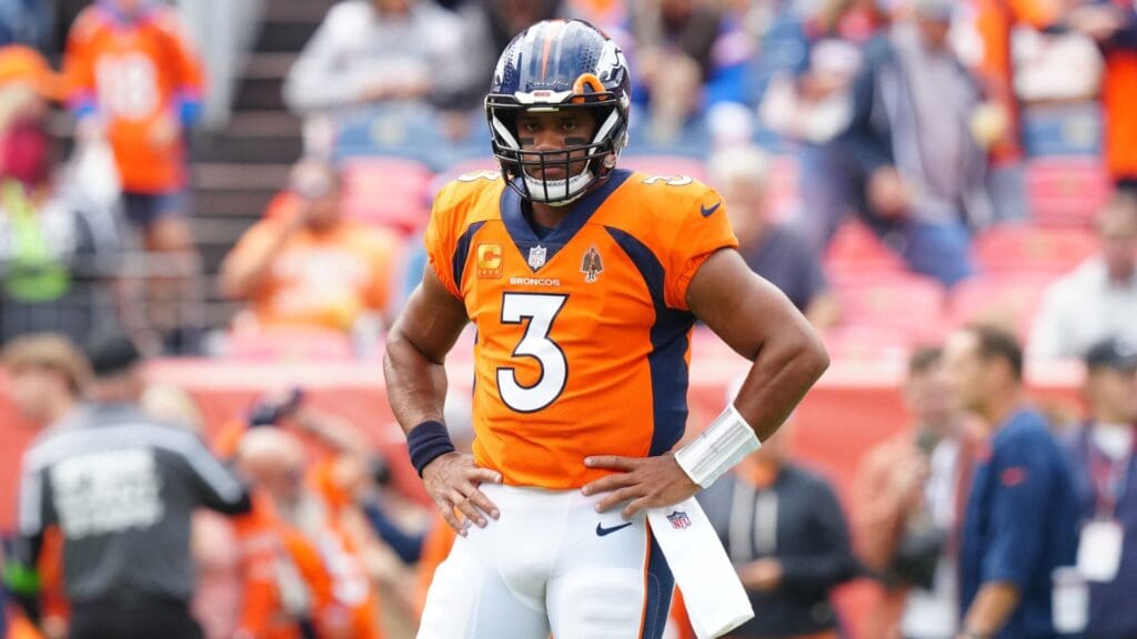 Sep 10, 2023; Denver, Colorado, USA; Denver Broncos quarterback Russell Wilson (3) before the game against the Las Vegas Raiders at Empower Field at Mile High