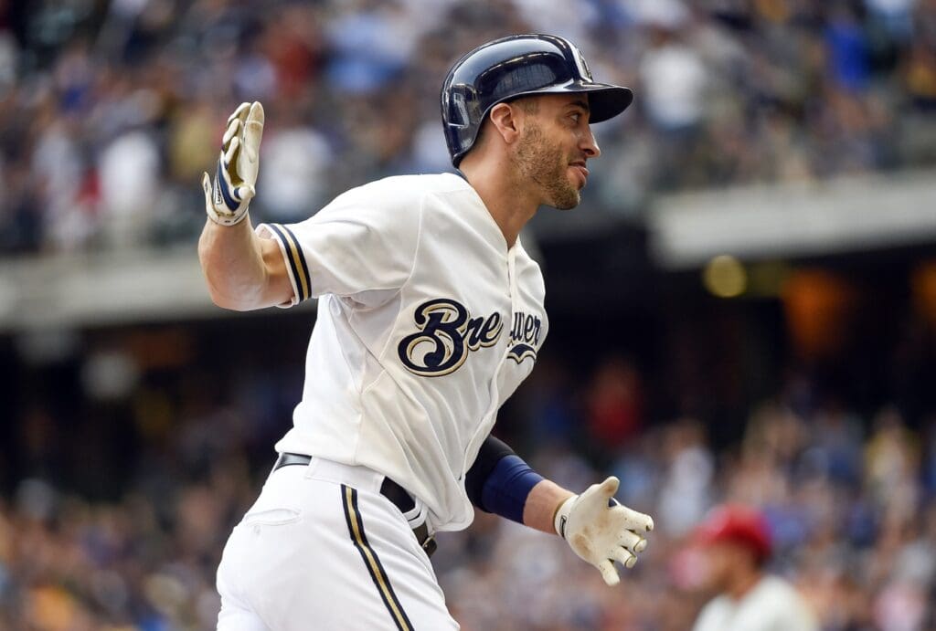 Aug 16, 2015; Milwaukee, WI, USA; Milwaukee Brewers right fielder Ryan Braun (8) reacts after hitting a grand slam home run in the fifth inning against the Philadelphia Phillies at Miller Park.