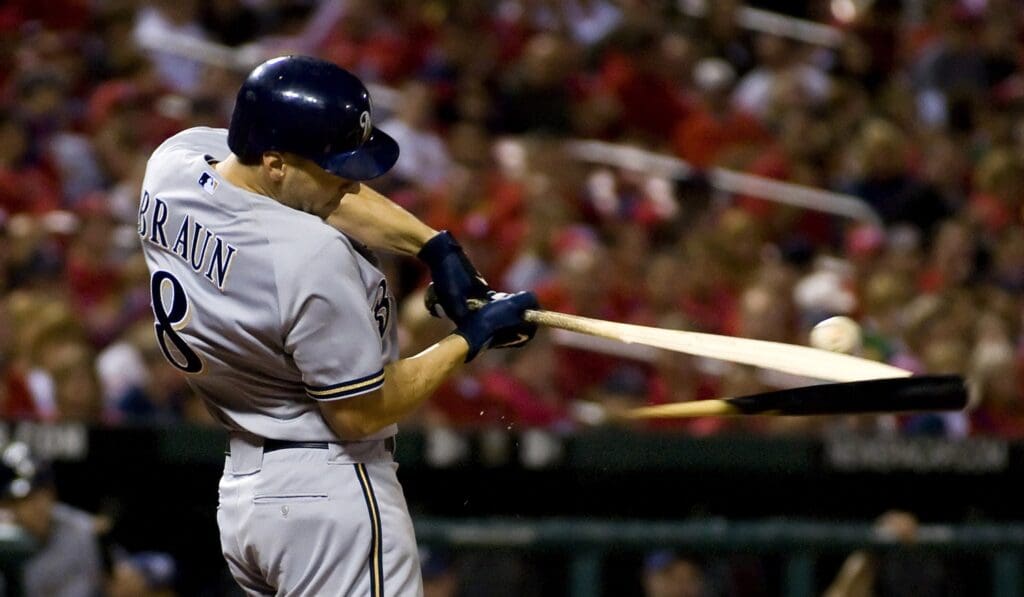 September 1, 2009; St. Louis, MO, USA; Milwaukee Brewers left fielder Ryan Braun (8) connects with a broken bat single off of St. Louis Cardinals starting pitcher Joel Pineiro (not pictured) in the sixth inning at Busch Stadium. St. Louis defeated Milwaukee 7-6.