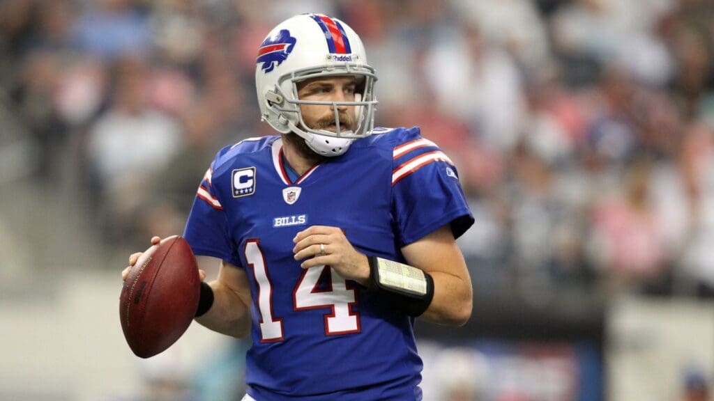 Nov 13, 2011; Arlington, TX, USA; Buffalo Bills quarterback Ryan Fitzpatrick (14) throws a pass during the game against the Dallas Cowboys at Cowboys Stadium.