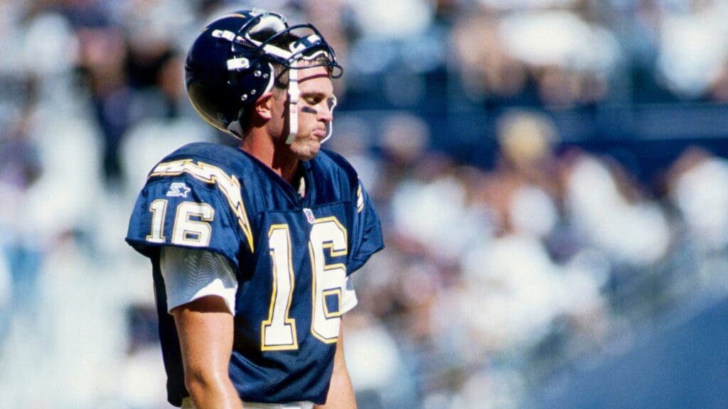 Sep 27, 1998; San Diego, CA, USA: FILE PHOTO; San Diego Chargers quarterback Ryan Leaf (16) reacts as he walks off the field against the New York Giants at Qualcomm Stadium.