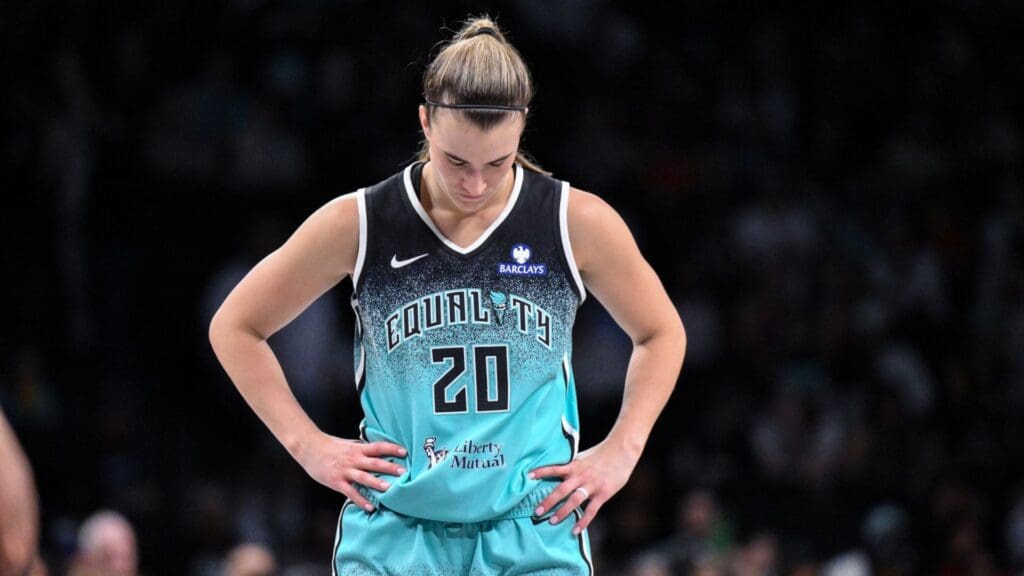 Jun 19, 2025; Brooklyn, New York, USA; New York Liberty guard Sabrina Ionescu (20) reacts during the second half against the Phoenix Mercury at Barclays Center.