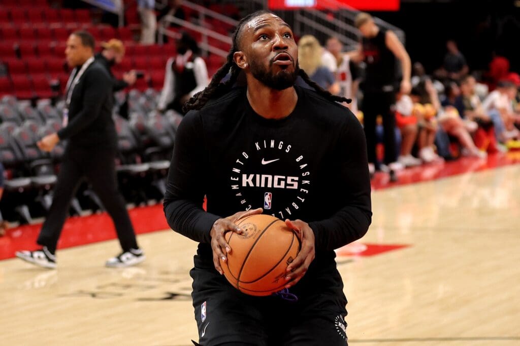 Mar 1, 2025; Houston, Texas, USA; Sacramento Kings forward Jae Crowder (99) warms up prior to the game against the Houston Rockets at Toyota Center.