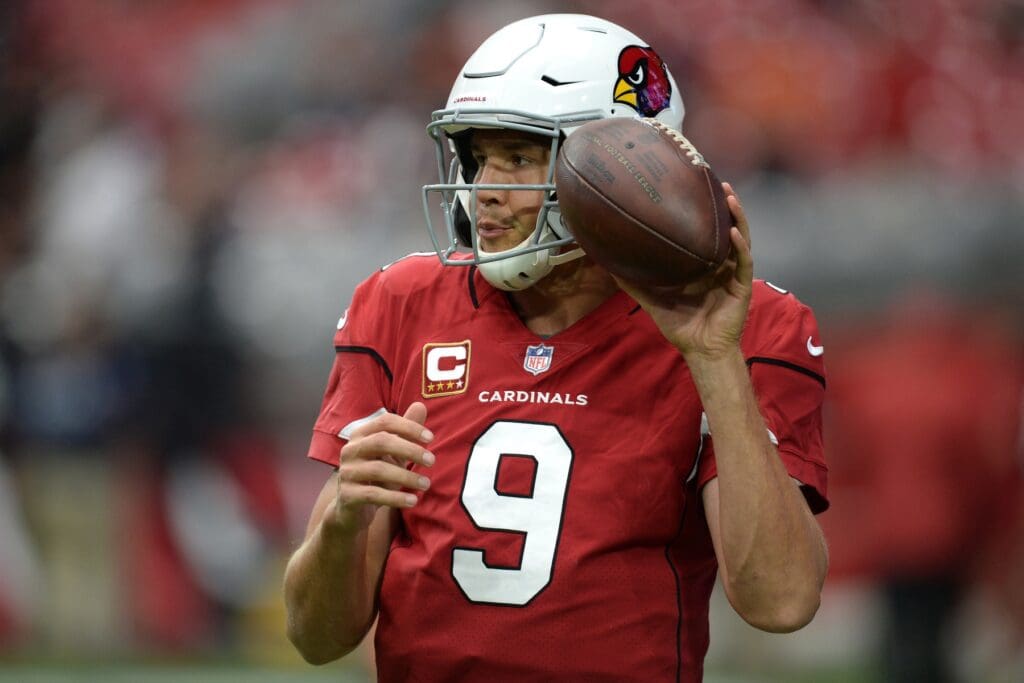 Sep 23, 2018; Glendale, AZ, USA; Arizona Cardinals quarterback Sam Bradford (9) warms up prior to facing the Chicago Bears at State Farm Stadium.