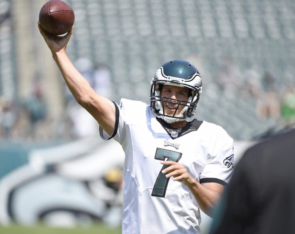 Aug 16, 2015; Philadelphia, PA, USA; Philadelphia Eagles quarterback Sam Bradford (7) on the field for warmups against the Indianapolis Colts in a preseason NFL football game at Lincoln Financial Field