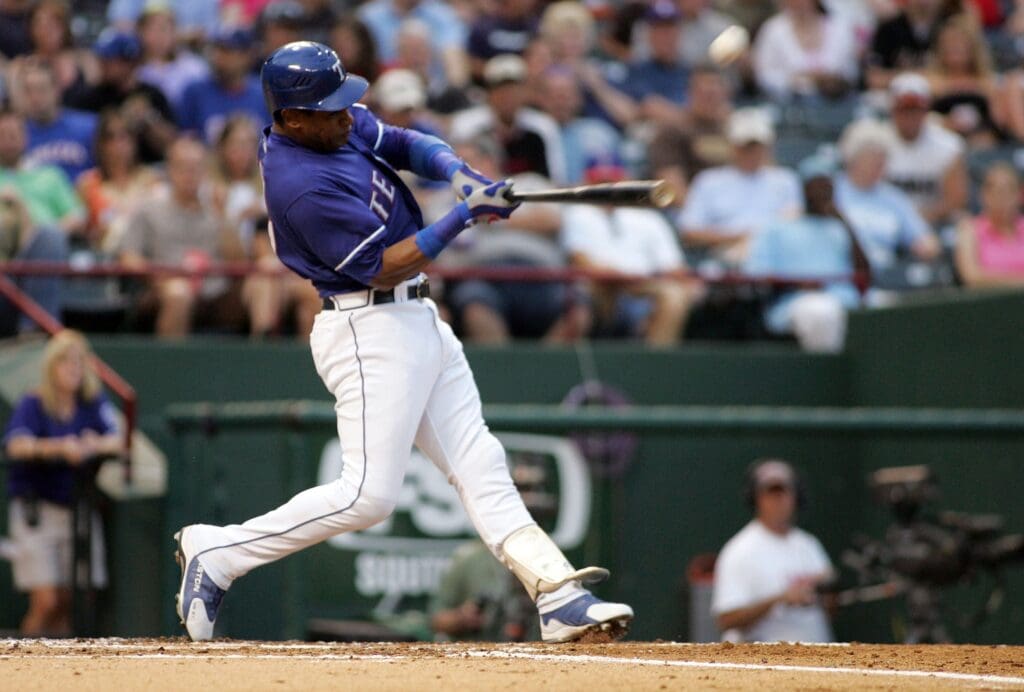 June 24, 2007; Arlington, TX, USA; Texas Rangers designated hitter (21) Sammy Sosa bats during the 2nd inning against the Houston Astros at Rangers Ballpark in Arlington, TX.