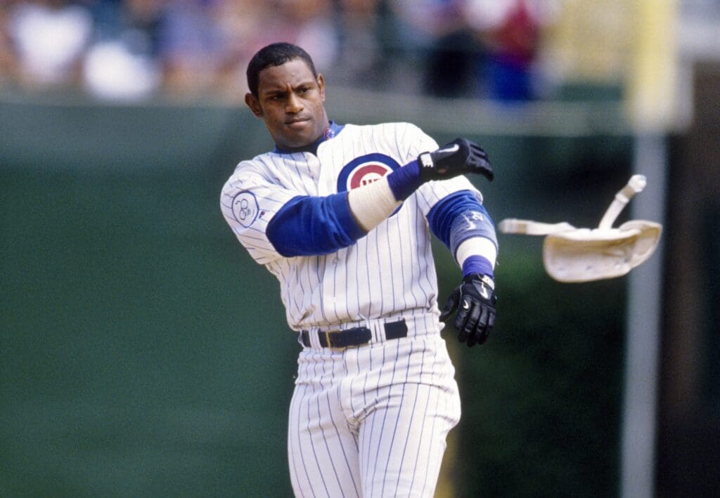1998, Chicago, IL, USA; FILE PHOTO; Chicago Cubs right fielder Sammy Sosa reacts after a play against the St Louis Cardinals at Wrigley Field during the 1998 season.