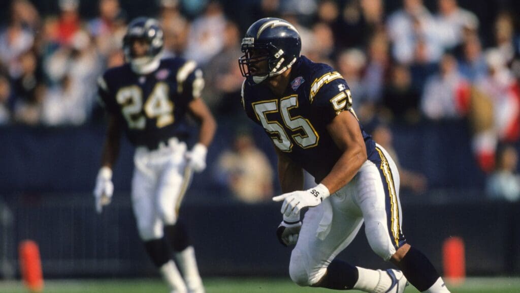 1994, unknown location; FILE PHOTO; San Diego Chargers linebacker Junior Seau in action on the field during the 1994 season.
