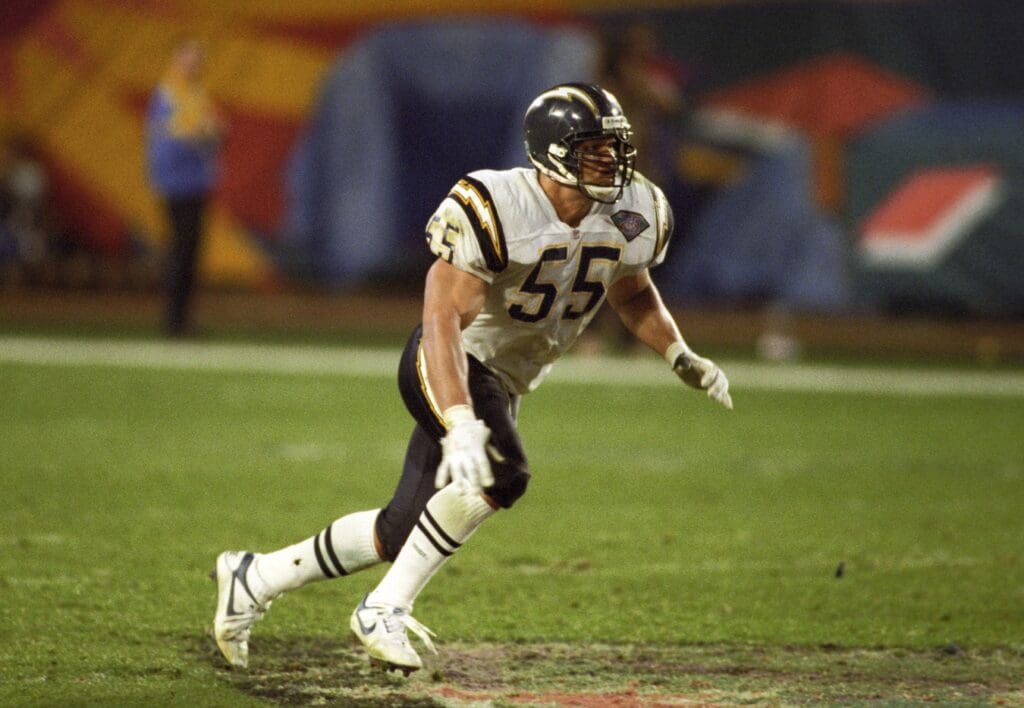 Jan 29, 1995; Miami, FL, USA; FILE PHOTO; San Diego Chargers linebacker Junior Seau (55) in action against the San Francisco 49ers during Super Bowl XXIX at Joe Robbie Stadium. San Francisco defeated San Diego 49-26.