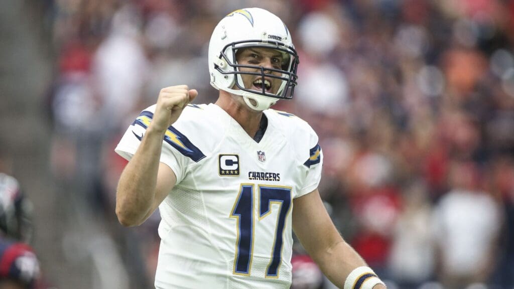Nov 27, 2016; Houston, TX, USA; San Diego Chargers quarterback Philip Rivers (17) celebrates after making a touchdown pass during the second quarter against the Houston Texans at NRG Stadium