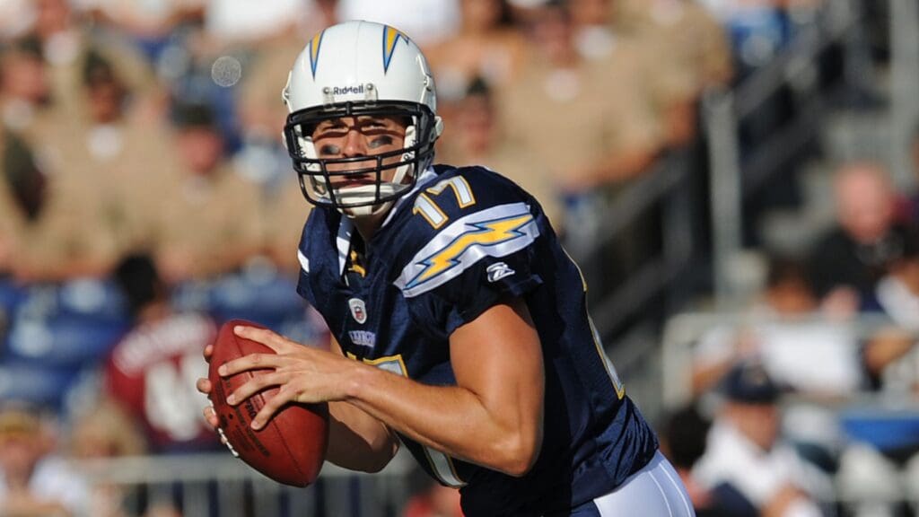 Aug. 25, 2008; San Diego, CA, USA; San Diego Chargers quarterback Philip Rivers (17) looks for a receiver during the first quarter against the Seattle Seahawks at Qualcomm Stadium in San Diego, CA.