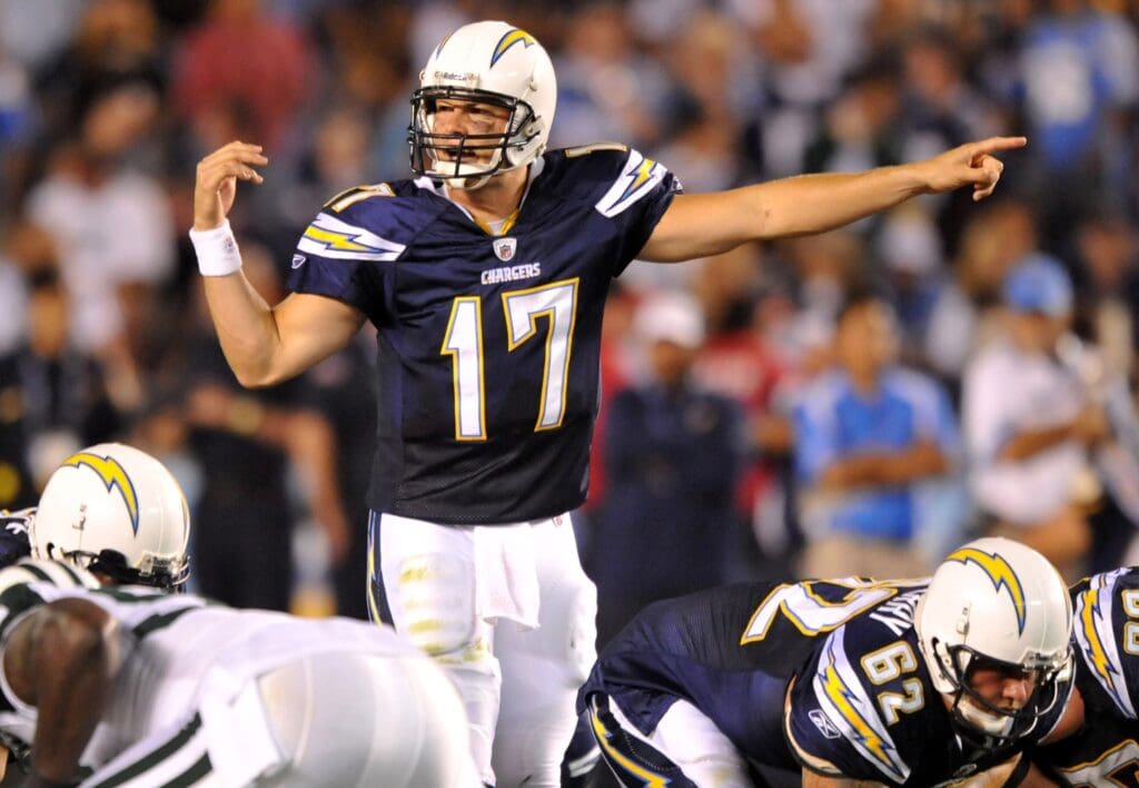Sep 22, 2008; San Diego, CA, USA; San Diego Chargers quarterback Philip Rivers (17) calls an audible during the Chargers 48-21 victory over the New York Jets at Qualcomm Stadium.