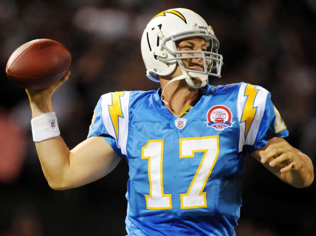 Sep 14, 2009; Oakland, CA, USA; San Diego Chargers quarterback Philip Rivers (17) throws a pass in the third quarter against the Oakland Raiders at Oakland Alameda Coliseum. The Chargers defeated the Raiders 24-20.