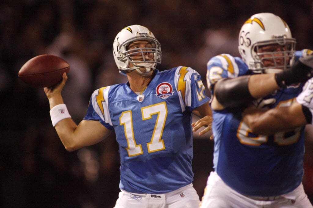 Sep 14, 2009; Oakland, CA, USA; San Diego Chargers quarterback Philip Rivers (17) throws a pass against the Oakland Raiders in the third quarter at Oakland-Alameda County Coliseum. The Chargers defeated the Raiders 24-20.