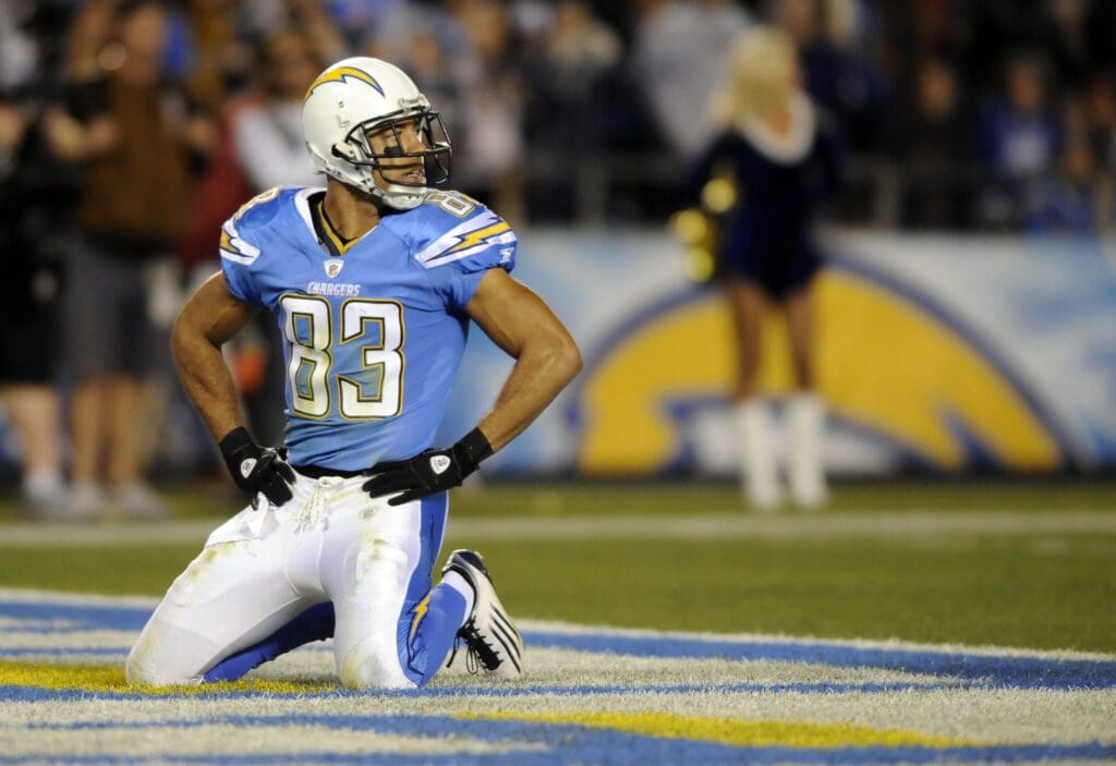 December 18, 2011; San Diego, CA, USA; San Diego Chargers wide receiver Vincent Jackson (83) reacts after missing a catch during the second quarter against the Baltimore Ravens at Qualcomm Stadium.