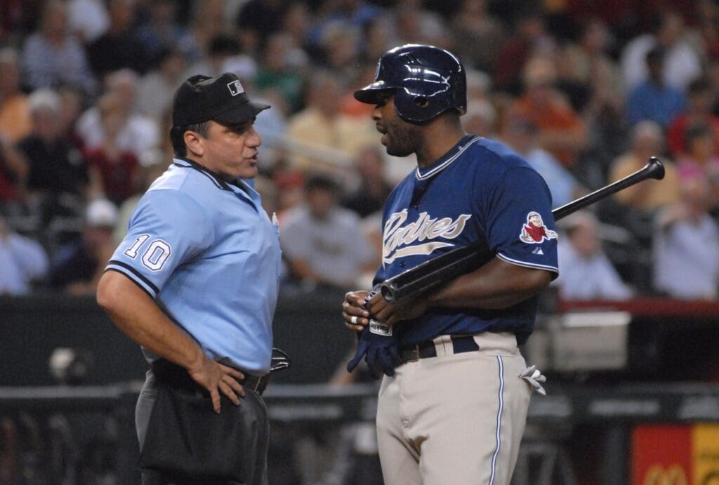 Sept 4, 2007; Phoenix, AZ, USA; San Diego Padres left fielder (15) Milton Bradley argues with home plate umpire Phil Cuzzi in the fifth inning against the Arizona Diamondbacks at Chase Field.