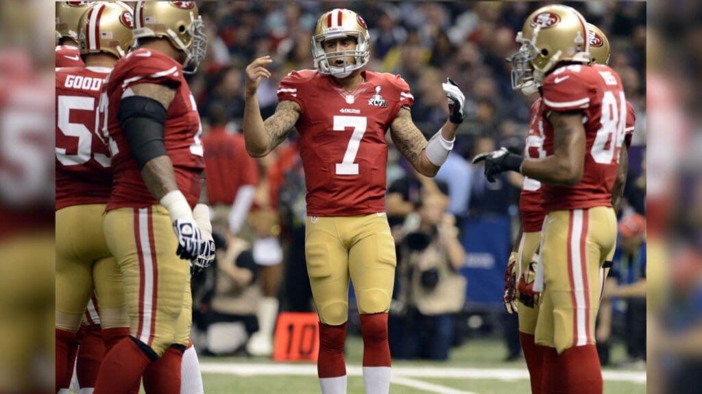 Feb 3, 2013; New Orleans, LA, USA; San Francisco 49ers quarterback Colin Kaepernick (7) huddles his team during the first quarter against the Baltimore Ravens in Super Bowl XLVII at the Mercedes-Benz Superdome.
