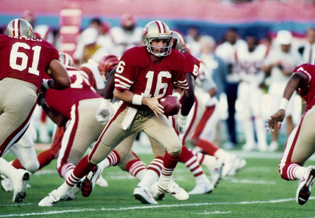 Jan 22, 1989; Miami, FL, USA; FILE PHOTO; San Francisco 49ers Quarterback #16 JOE MONTANA in action during Super Bowl XXIII against the Cincinnati Bengals at Joe Robbie Stadium. The 49ers defeated the Bengals 20-16.