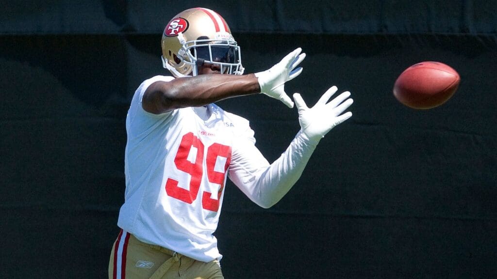 June 12, 2012; Santa Clara, CA, USA; San Francisco 49ers defensive end Aldon Smith (99) catches a ball during 49ers minicamp at San Francisco 49ers training facility.