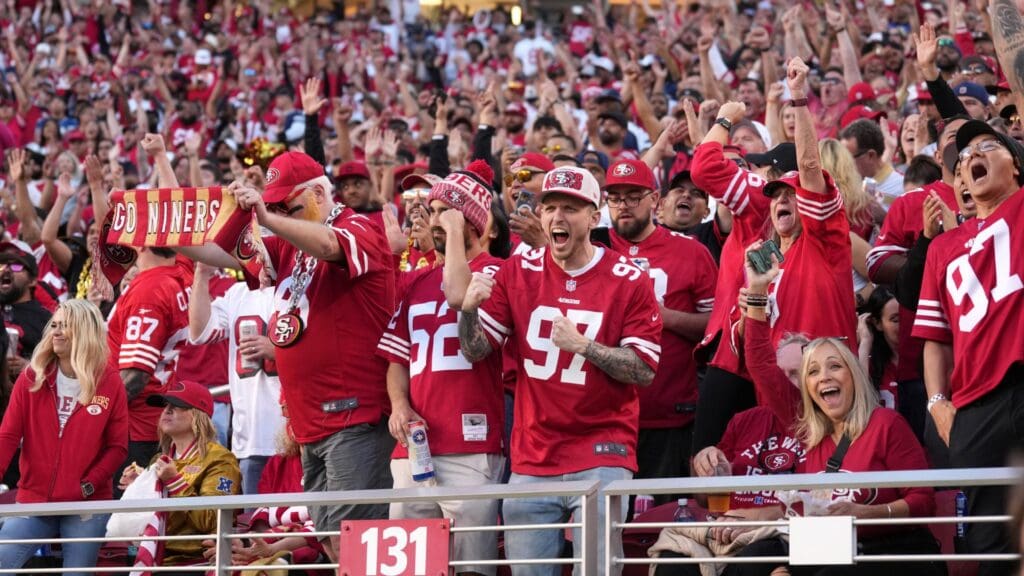 Oct 8, 2023; Santa Clara, California, USA; San Francisco 49ers fans react after a fumble recovery by defensive tackle Kevin Givens (not shown) against the Dallas Cowboys was confirmed after video review during the first quarter at Levi's Stadium