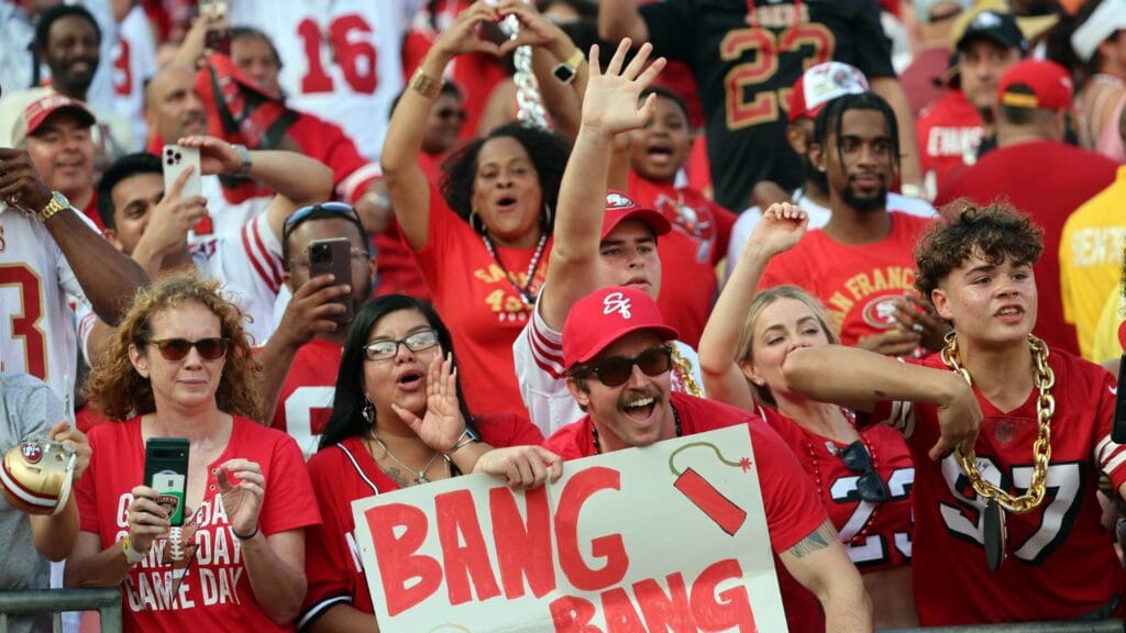 Nov 10, 2024; Tampa, Florida, USA; San Francisco 49ers fans cheer after they beat the Tampa Bay Buccaneers at Raymond James Stadium.