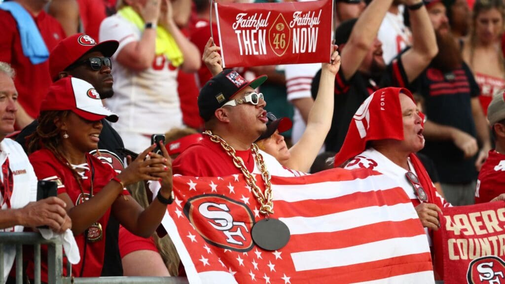 Sep 8, 2019; Tampa, FL, USA; San Francisco 49ers fans celebrate from the stands against the Tampa Bay Buccaneers during the second half at Raymond James Stadium