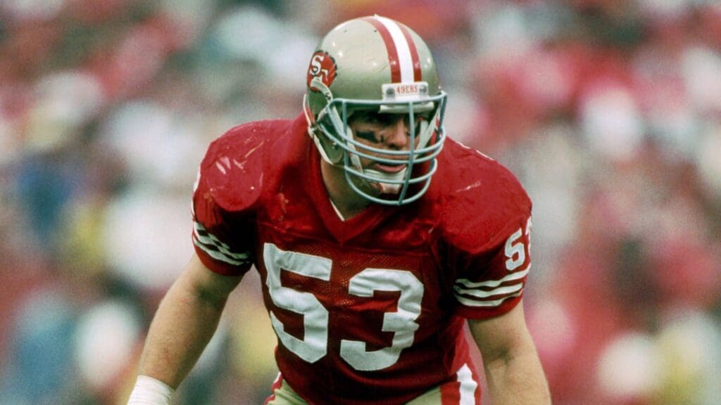 Jan 12, 1991; San Francisco, CA, USA; FILE PHOTO; San Francisco 49ers linebacker Bill Romanowski (53) in action during the 1990 NFC Divisional Playoff game against the Washington Redskins a Candlestick Park.