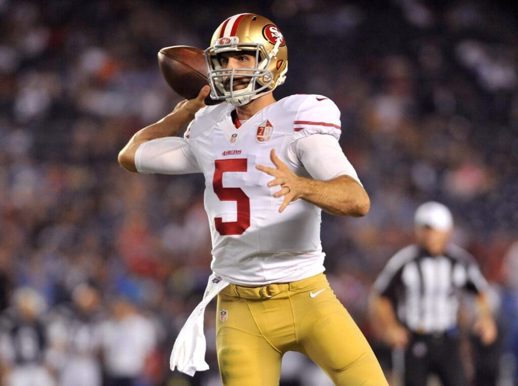 Sep 1, 2016; San Diego, CA, USA; San Francisco 49ers quarterback Christian Ponder (5) throws a pass during the second half of the game against the San Diego Chargers at Qualcomm Stadium. San Francisco won 31-21.