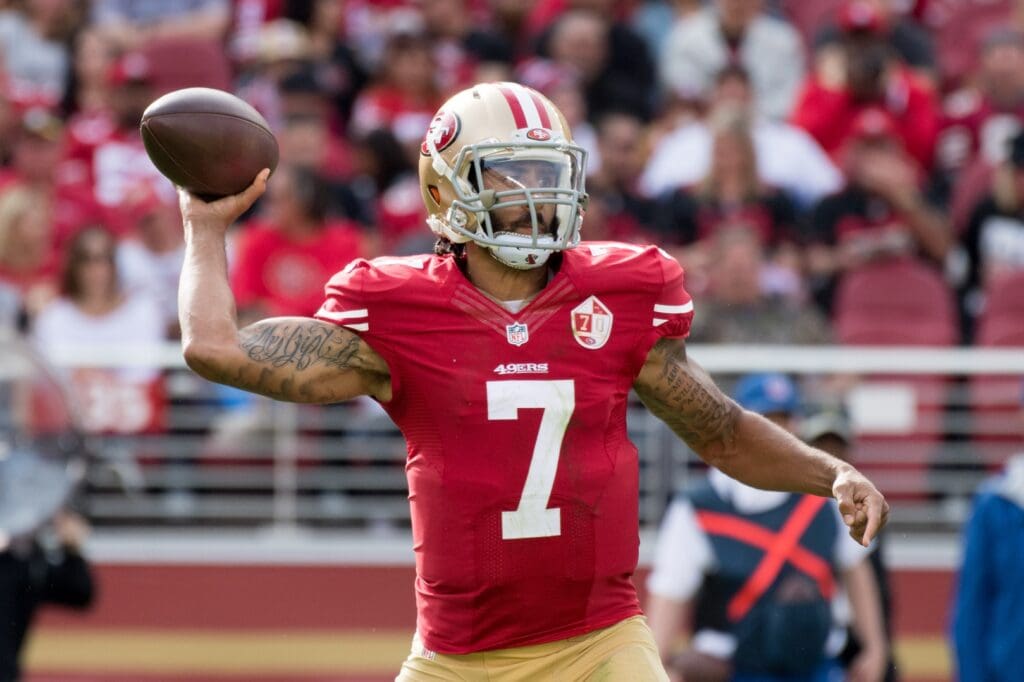 November 6, 2016; Santa Clara, CA, USA; San Francisco 49ers quarterback Colin Kaepernick (7) during the first quarter against the New Orleans Saints at Levi's Stadium. The Saints defeated the 49ers 41-23.