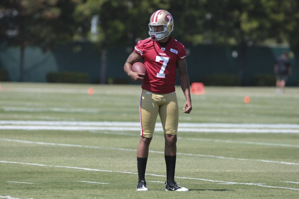 July 29, 2011; Santa Clara, CA, USA; San Francisco 49ers quarterback Colin Kaepernick (7) during training camp at the San Francisco 49ers headquarters and training facility.