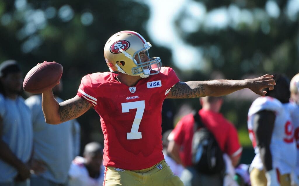 August 2, 2011; Santa Clara, CA, USA; San Francisco 49ers quarterback Colin Kaepernick (7) passes the ball during training camp at the Marie P. DeBartolo Centre.
