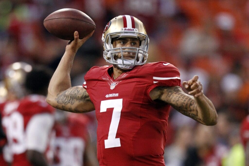 November 19, 2012; San Francisco, CA, USA; San Francisco 49ers quarterback Colin Kaepernick (7) prepares to throw a pass before the start of the game against the Chicago Bears at Candlestick Park.