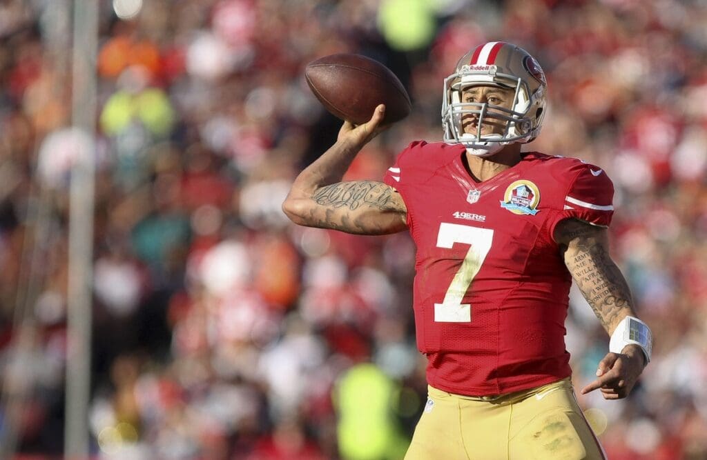 Dec 9, 2012; San Francisco, CA, USA; San Francisco 49ers quarterback Colin Kaepernick (7) throws the ball against the Miami Dolphins during the third quarter at Candlestick Park.