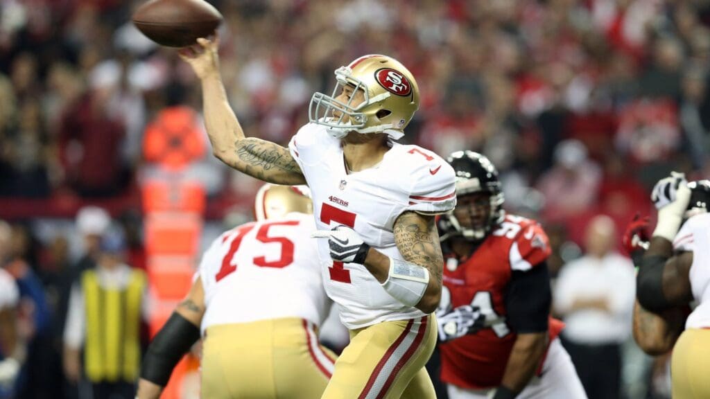 Jan 20, 2013; Atlanta, GA, USA; San Francisco 49ers quarterback Colin Kaepernick (7) throws in the pocket against the Atlanta Falcons in the NFC Championship game at the Georgia Dome. The 49ers won 28-24.