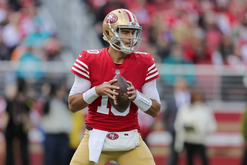 Dec 4, 2022; Santa Clara, California, USA; San Francisco 49ers quarterback Jimmy Garoppolo (10) during the game against the Miami Dolphins at Levi's Stadium