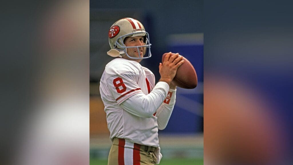 Nov 3, 1991; Atlanta, GA, USA; FILE PHOTO; San Francisco 49ers quarterback Steve Young (8) on the field prior to a game against the Atlanta Falcons at Atlanta-Fulton County Stadium.