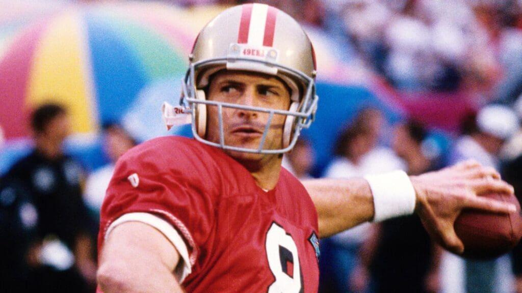 Jan 29, 1995; Miami, FL, USA; FILE PHOTO; San Francisco 49ers quarterback Steve Young (8) warms up on the field prior to Super Bowl XXIX against the San Diego Chargers at Joe Robbie Stadium. The 49ers defeated the Chargers 49-26.