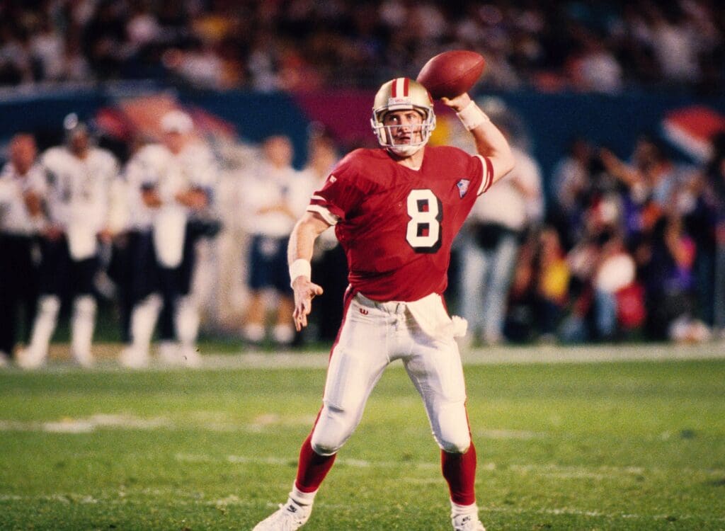 an 29, 1995; Miami, FL, USA; FILE PHOTO; San Francisco 49ers quarterback Steve Young (8) looks to throw against the San Diego Chargers during Super Bowl XXIX at Joe Robbie Stadium. The 49ers defeated the Chargers 49-26.