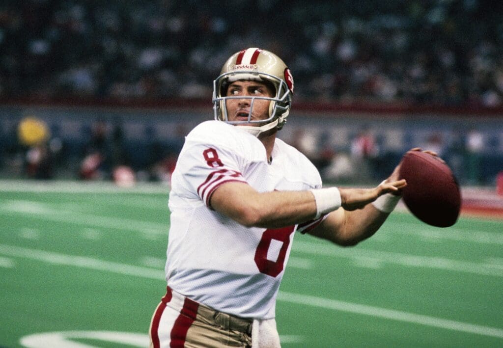Jan 28, 1990; New Orleans, LA, USA; FILE PHOTO; San Francisco 49ers quarterback Steve Young warms up against the Denver Broncos during Super Bowl XXIV at the Superdome. The 49ers defeated the Broncos 55-10.